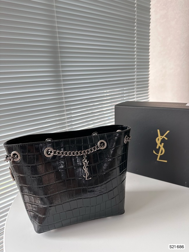 Yves Saint Laurent Black With Crocodile Bucket Bag 