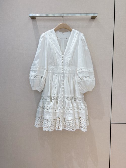 Zimmermann Ivory Spliced V-Neck Bubble Sleeve Linen Mini Dress