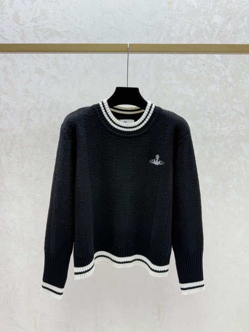 Vivienne Westhood Contrasting Stripe Round-Neck Long-Sleeved Knitted Top in Pink, Gray, and Black