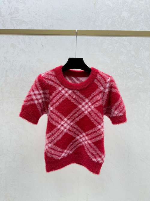 Burberry Color-Blocked Checker Round-Neck Knit Short-Sleeve in Pink and Red
