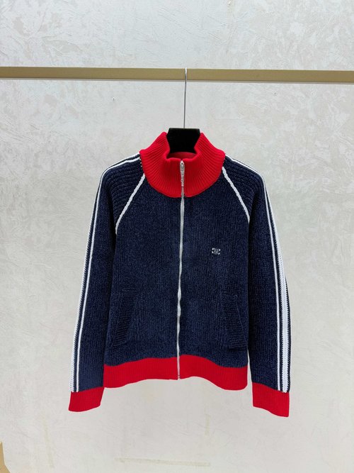 Celine Color Blocked High Neck Long Sleeve Knit Cardigan in Khaki and Royal Blue