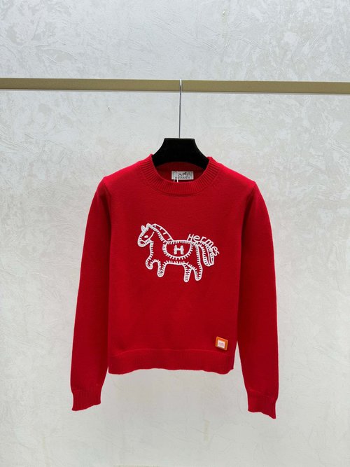 Hermes Color-Blocked Pony Round Neck Knitted Long Sleeve, Khaki and Red