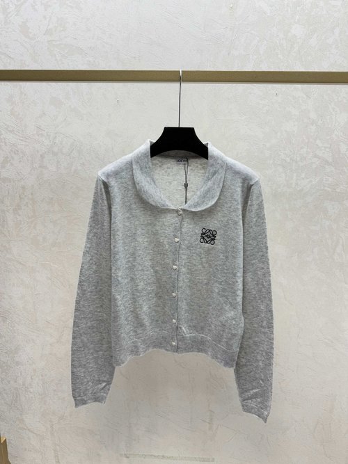 Loewe Solid Simple Hooded Knit Long Sleeve Cardigan in White, Red & Gray