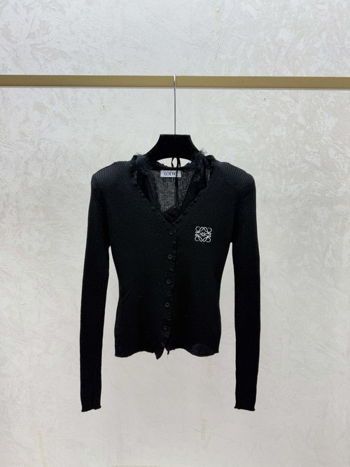 Loewe Solid Lace Halter V-Neck Knit Long Sleeve Cardigan in White, Blue & Black