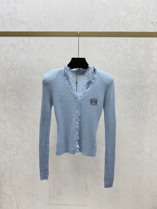 Loewe Solid Lace Halter V-Neck Knit Long Sleeve Cardigan in White, Blue & Black