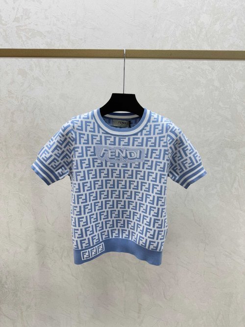 Fendi Color - Blocked Vintage Letter Round Neck Knit Short Sleeve in Yellow, Blue & Coffee