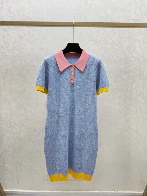 Fendi Color-Blocked Floral Letter Short-Sleeved Dress in Pink & Blue