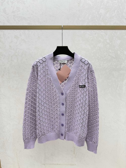 Miu Miu Solid White & Purple Rhombus Hollow V-Neck Knitted Long-Sleeve Cardigan