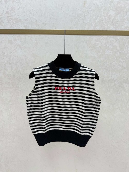 Prada Contrasting White and Black Stripe Round Neck Knit Vest