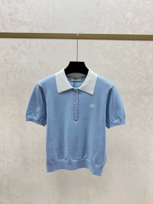 Celine Contrast Color V-Neck Knit Short Sleeve in White, Blue, Black