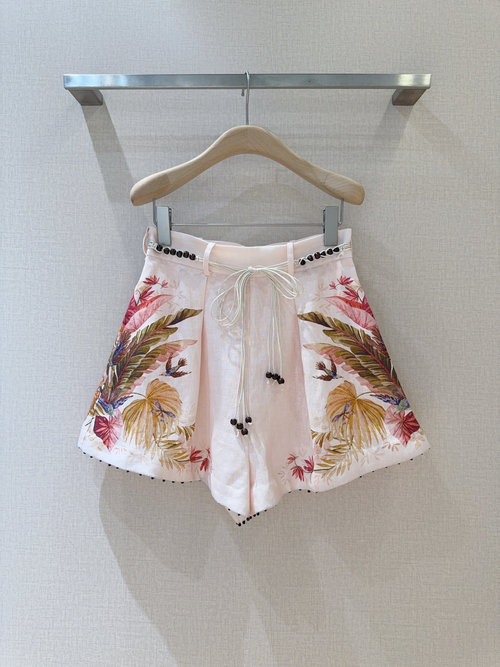 Zimmermann Linen Shorts with Ruffled Palm Tree Floral Pattern