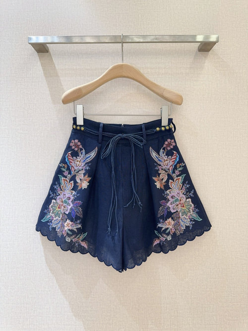 Zimmermann Navy Paisley Patterned Shorts with Ruffled Details and Beaded Laces