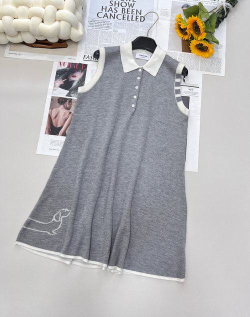 Thom Browne Cute Puppy Pattern Sleeveless Knit Dress with Collar and Waistband