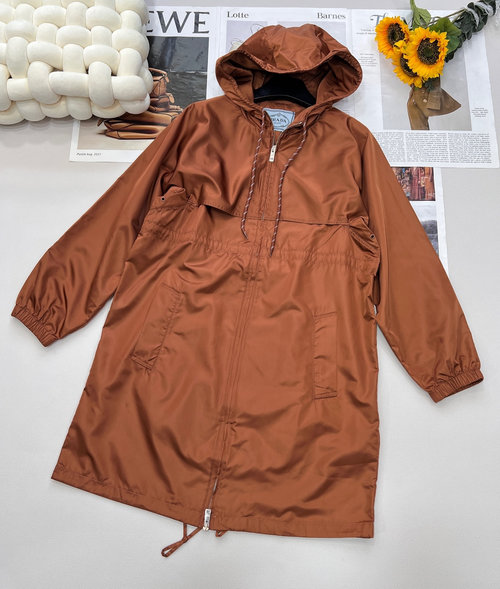 Prada Customized Breathable Nylon Hooded Long Coat with Drawstrings
