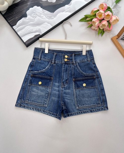 Celine High-Waisted Belt Loop Pocket Denim Shorts with Custom Fabric