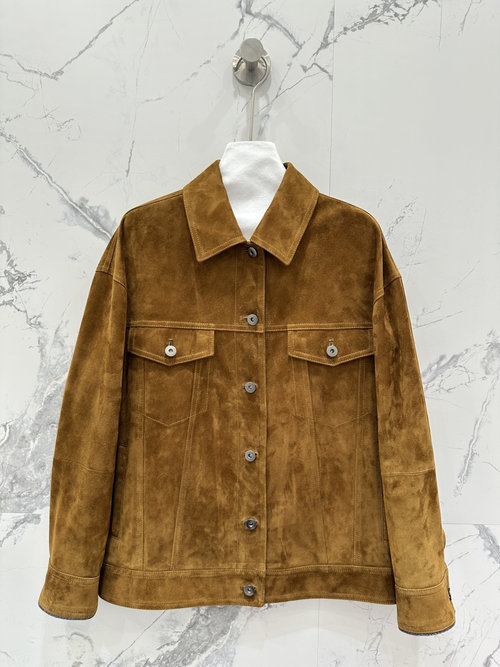 Brunello Cucinelli High-End Suede Moto Jacket with Copper Chain, Italian Luxury Style