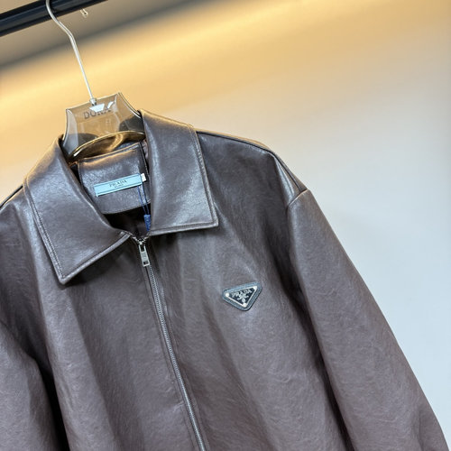Prada Prada Metal Triangle Logo Collar Leather Jacket with Custom Hardware