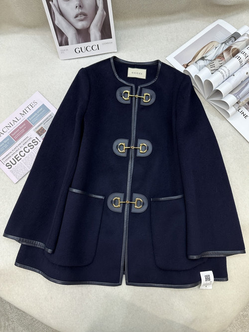 Gucci Navy Blue Double-Sided Wool and Leather Short Coat