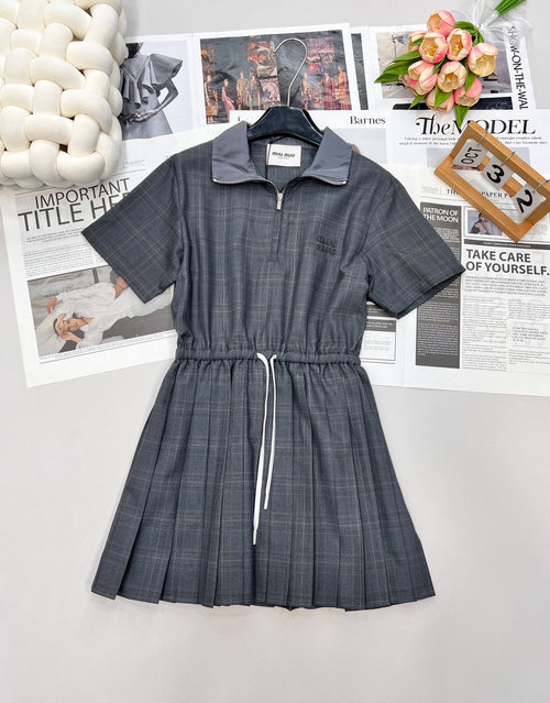 Miu Miu Imported Wool Checked Short Dress with Embroidered Logo, Elegant and Chic