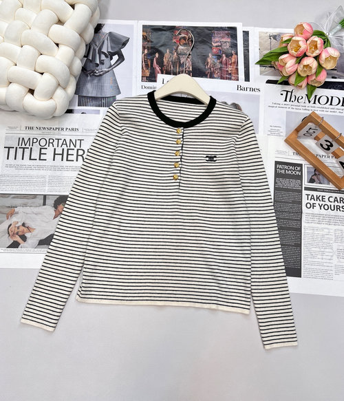 Celine Striped Knit Top with Logo Buttons, Exceptionally Soft Material