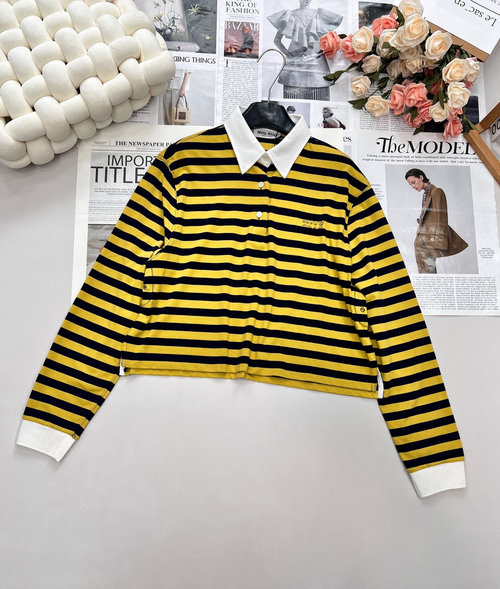 Miu Miu Inter-color Striped Short-sleeved Collared T-shirt with Logo