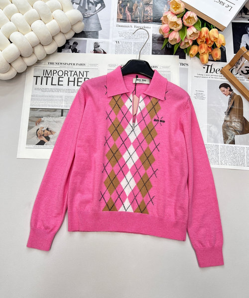 Miu Miu Half-Zip Knitted Sweater with Classic Checkered Pattern and Logo