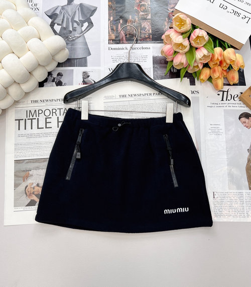 Miu Miu Micro Logo Embroidered Fleece Short Skirt with Elastic Waist