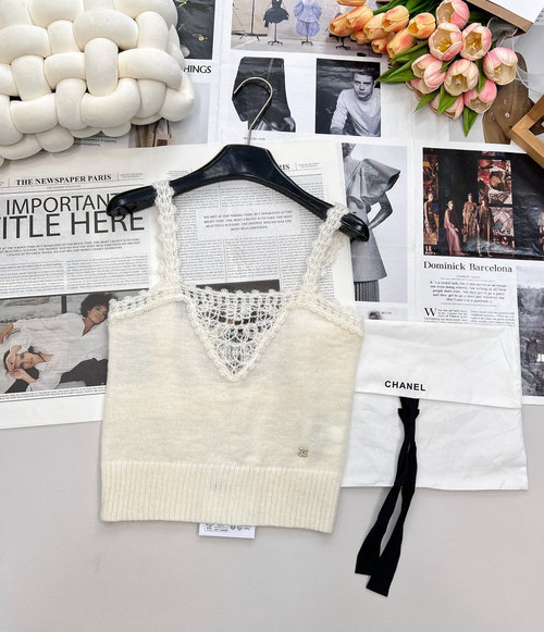 Chanel Lace-up Hollowed Knit Vest with Crystal Logo