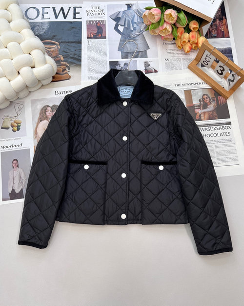 Prada Classic Square-Collar Quilted Cotton Short Coat with Trim