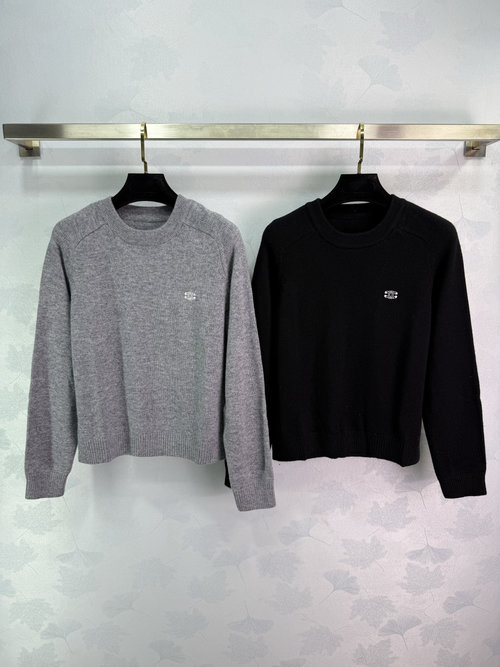 Celine Classic Contrast Embroidered Logo Knit Round Neck Top