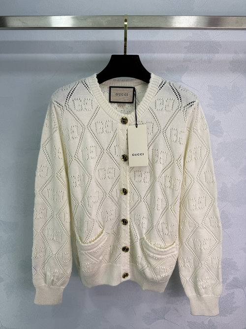 Gucci Cutout Knit Cardigan with Double-G Pattern and Gold Buttons, Practical for Work
