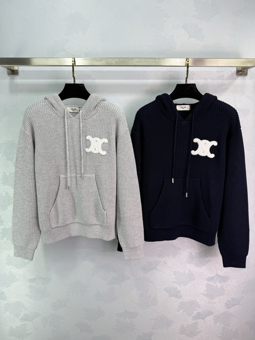 Celine Hooded Knitted Sweater with White Logo Embroidery, Soft and Relaxed