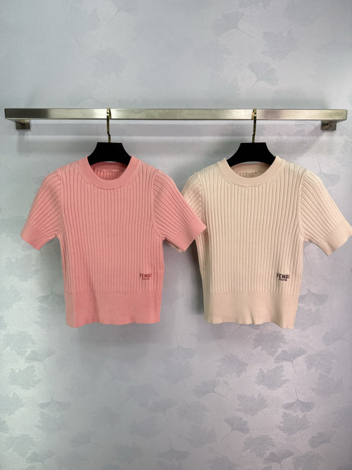 Fendi Crew-neck Knit Short-sleeve with Brand Logo, Retro
