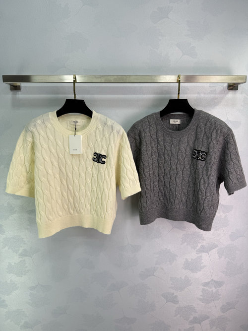 Celine Cashmere Short Sleeve with Beaded Emblem