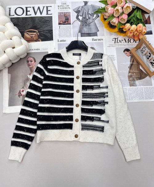 Balmain Black & White Patchwork Sequined Knit Cardigan with an Artistic Touch