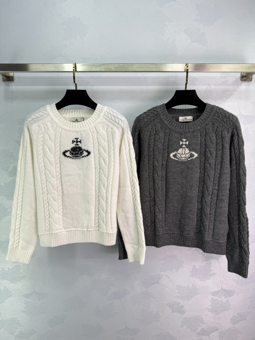 Vivienne Westhood Custom Wool Yarn Round Neck Sweater with Saturn Logo, Sophisticated Style