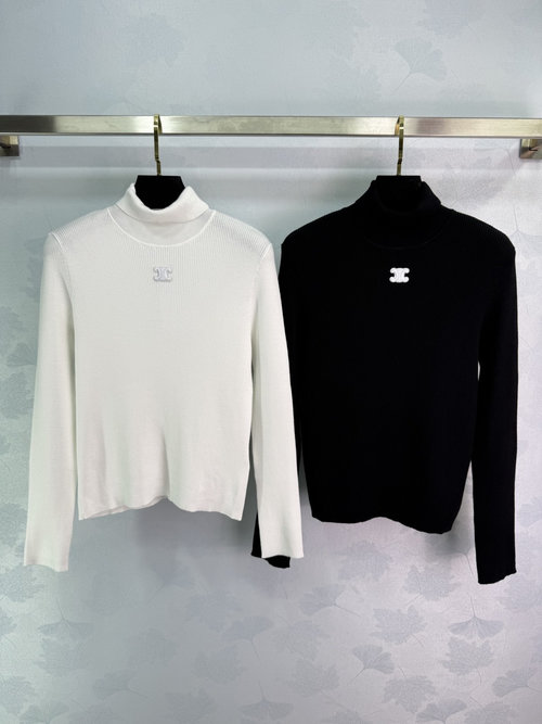 Celine High Neck Knit Long Sleeve Top with Vertical Stripes and Brand Embroidery