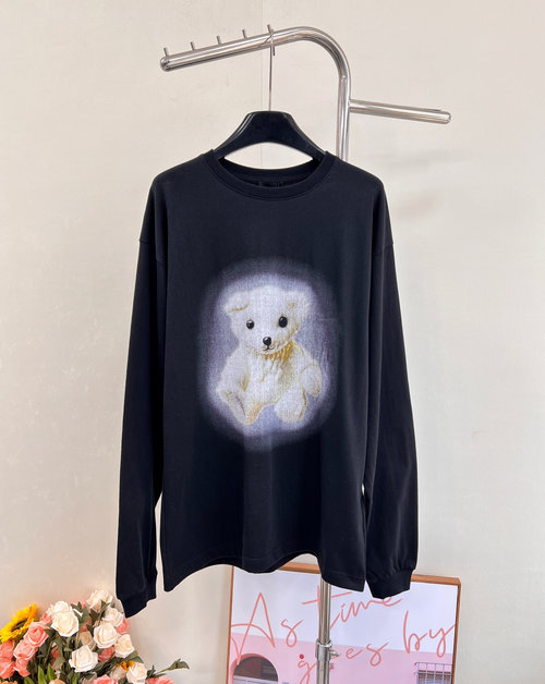Versace Vintage - Washed White Teddy Bear Print Long - Sleeve T - Shirt for a Timeless Look