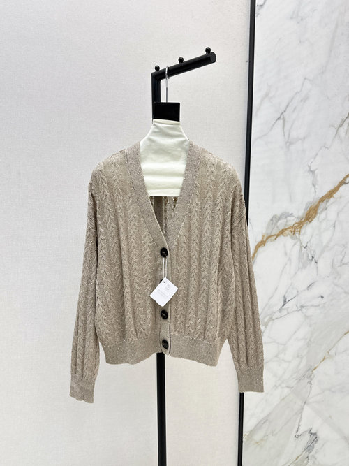 Brunello Cucinelli High-End Old Money Style: Lacy Linen Beaded V-Neck Cardigan for Sophistication