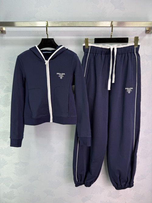 Prada Hooded Zippered Jacket and Cuffed Pants Set with Embroidered Design