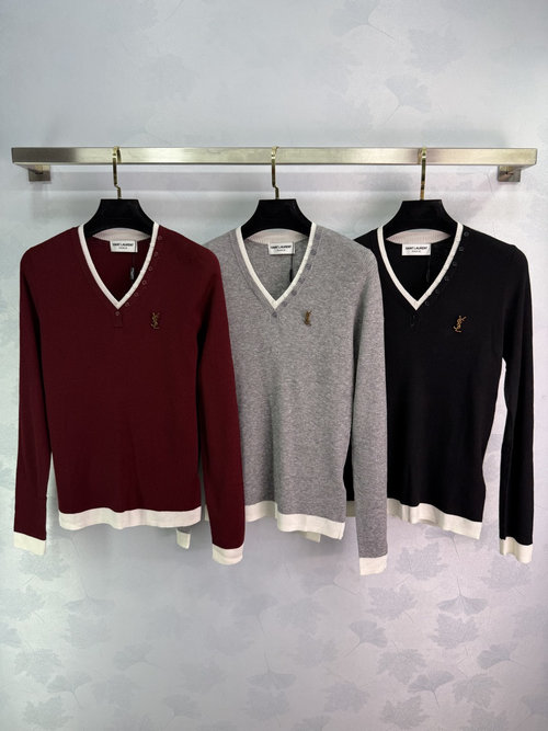 Yves Saint Laurent Double V-Neck Wool Blend Top with Contrast Trim, Slim Fit