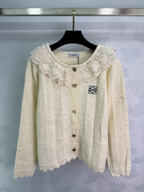 Loewe Elegant Rococo Lace Knit Cardigan with Brand Logo Embroidery