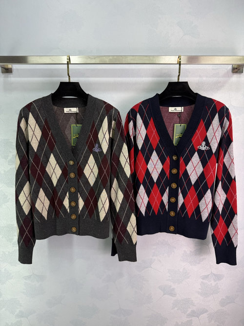 Vivienne Westhood Ribbed V-Neck Knit Long Sleeve Cardigan with Saturn Embroidery