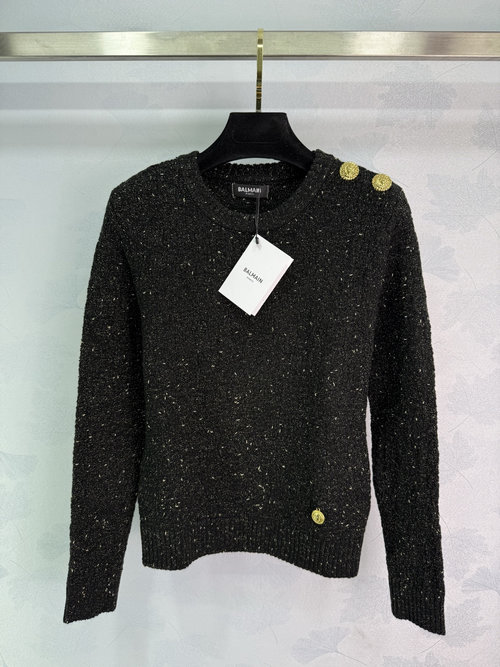 Balmain Elastic Knitted Round-Neck Long-Sleeve Pullover with Vertical Ribs and Gold Thread Accents