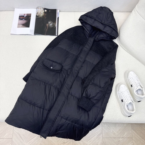 Max Mara Spliced Cashmere Hooded Long Down Jacket with Wool Sleeves, Classic Style