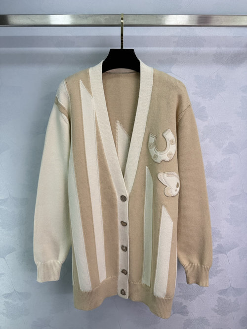 Hermes Cream Striped Knit Cardigan with Heart Embroidery and White Stripes