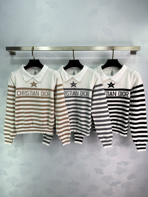 Dior Striped Turn-Down Collar Knitted Sweater with Star Logo Embroidery, Classic Style