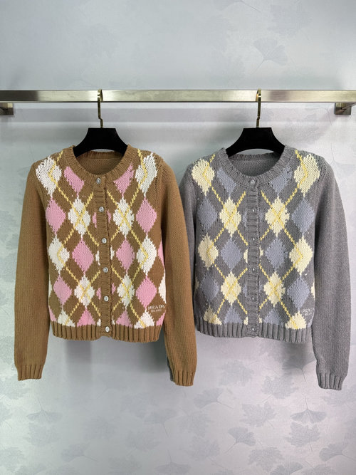 Prada Custom Wool Yarn Knit Cardigan with Multicolor Diamond Pattern and Logo Embroidery