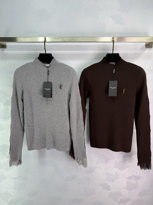 Yves Saint Laurent High Neck Knit Top with Lace Cuffs, Soft Wool Blend