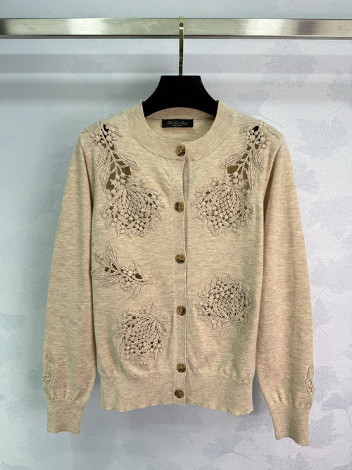 Loro Piana Lace Hollow Knit Cardigan with Embroidered Flower Pattern